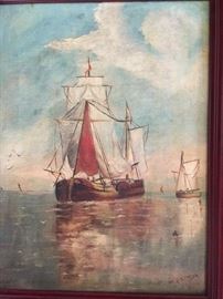 14. Oil Painting by W. J. Simon of Several Sailing Ships on the Water in Red Frame 