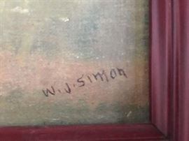 14. Oil Painting by W. J. Simon of Several Sailing Ships on the Water in Red Frame