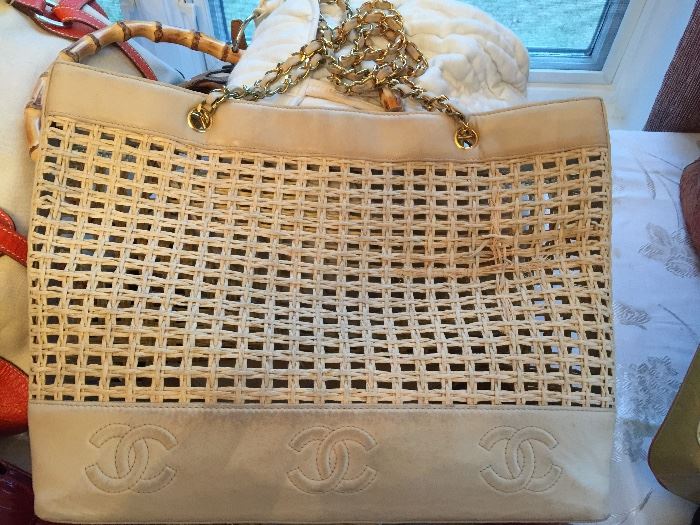Chanel Cream Leather w/ Woven Panel Handbag