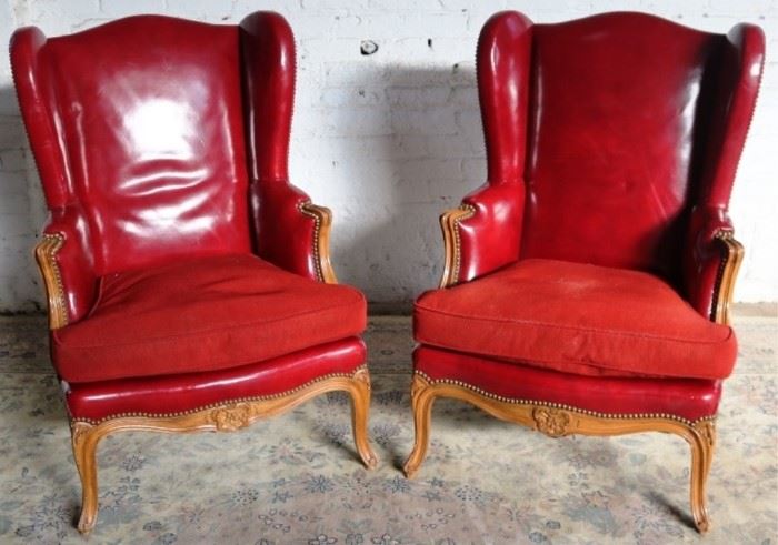Unusual pair wing back chairs