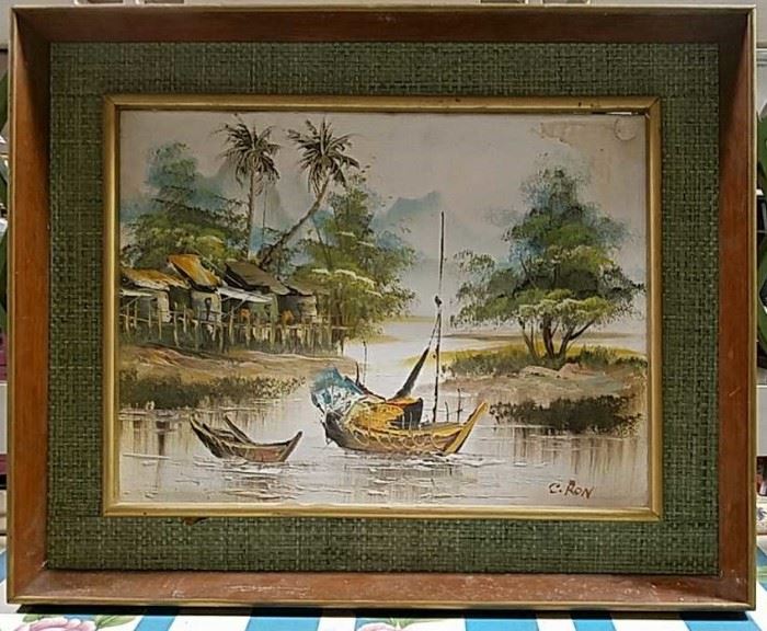 Oil on canvas boat scene