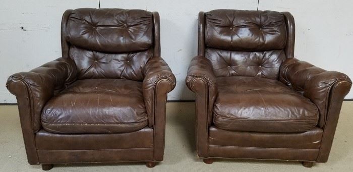 Pair leather tufted club chairs