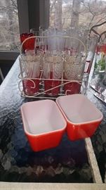 MCM glasses and vintage refrigerator dishes