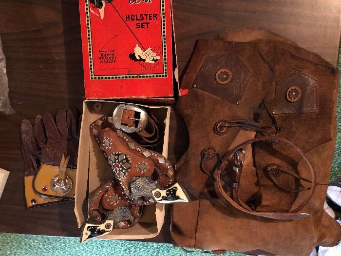 Antique cap gun set, kids gloves, vest and belt