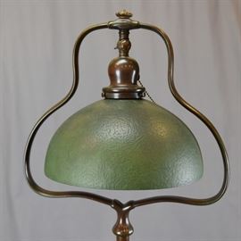 HANDEL BRONZE FLOOR LAMP, GREEN MOSSERINE SHADE SIGNED