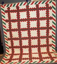 HAND MADE GEOMETRIC, RED, GREEN, WHITE QUILT 