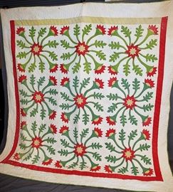HAND MADE FLORAL QUILT, GREEN, RED, WHITE 