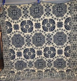 ANTIQUE BLUE & WHITE WOVEN WOOL COVERLET