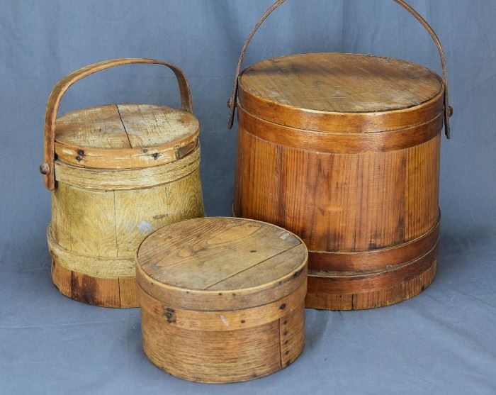 3 PC, 2 STAVED BUCKETS w/ LIDS, & WOODEN CHEESE BOX