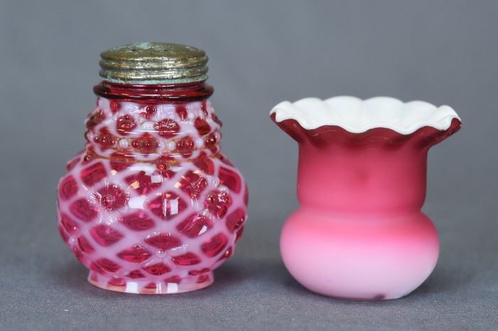 HAND BLOWN CASED SATIN GLASS TOOTHPICK HOLDER WITH RUFFLED EDGE & CRANBERRY OPALESCENT SHAKER