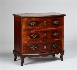 Italian 18C Inlaid Neoclassical Bow Front Chest          Fine Italian 18th century inlaid neoclassical three drawer chest. The early Italian 18th century bow front chest appears to have the original hardware. There are old repairs and veneer loss and evidence of old insect damage. The drawer slides have been rebuilt. Measures 35.2 inches high x 35.5 inches wide x 18.8 inches deep. 