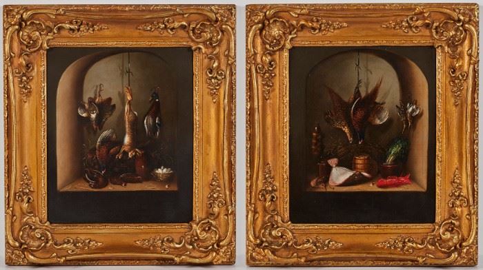 Pair of 19C English Game Oil on Canvas Paintings             British 19th century still life - nature morte very well executed paintings. Illegibly signed on reverse, upper left corner. Oil on canvas. Good condition, one has small patch upper right, light retouch along the frame edge. One painting depicts hanging pheasants, shore birds and sea life. The other depicts a rabbit in the center with game birds and a basket of eggs. Paintings measure 10 inches high x 12 inches wide. Antique gilt frames measure 17 inches high x 15 inches wide. Both paintings sold together as one lot.    