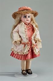  Antique 19C Emile Jumeau French Bebe Bisque Doll    French 19th century Bebe Jumeau bisque socket head doll. Incised with a 3 and a V below in blue. Composition body is marked Jumeau Medaille d'or Paris, made by Emile Jumeau. The doll has multi stroke eyebrows, blue paperweight eyes, painted upper and lower lashes, closed mouth with lip shading strokes, pierced ears with earrings, original cork pate and blonde mohair wig. Beautifully dressed in vintage clothing, lace trimmed undies, stockings, newer leather shoes and straw hat In good condition, composition body has areas of old touch up. Doll is in good condition with no damage. Measures 12.5 inches high.