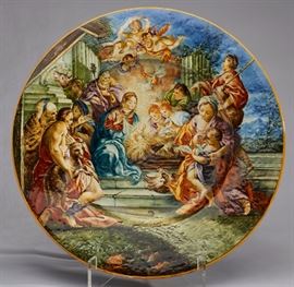 Italian 19C Pesaro Majolica Manger Scene 18" Charger Italian 19th century Molaroni Pesaro majolica manger scene charger #110. The majolica pottery charger depicts a manger scene set before a Roman ruin. Marked on reverse Molaroni Pesaro, impressed #110. Good condition. Measures 18.2 inches diameter.