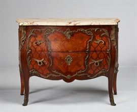 Louis XV Marquetry Ormolu Mounted Marble  Chest Late Louis XV style French 19th century marquetry marble top chest. Chest has floral marquetry on the front with basket weave inlay on the sides and front, brass ormolu mounts. The beveled marble top has a repaired crack on the back corner. The chest shows wear from use and has replaced drawer bottoms. The top drawer has been reglued with added drawer slides on the bottom. Original key and locks. Measures 31.7 inches high x 41.5 inches wide x 20 inches deep.