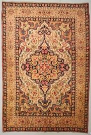 Semi-Antique Malayer Hand Made Oriental  Rug   Semi-antique Malayer hand made Persian Oriental rug. The ivory field rug has an allover floral motif. In good condition, complete sides and end borders. Has a bit of wear on the central medallion. Measures 82 inches long x 56.5 inches wide.
