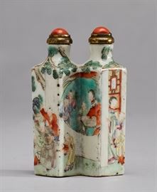  Chinese 19C Qing Famille Porcelain Snuff Bottle        Chinese 19th century Qing dynasty famille rose Mandarin double snuff bottle. The square form double porcelain snuff bottle is decorated with women and children about their daily activities. Original coral and brass topped spoons. Good condition, a few extremely fine age lines at the center of the bottles and a small chip on the bottom rim of the front of the bottle. Measures 2.8 inches high x 1.8 inches wide. Illicit products made from wildlife are not available for delivery within the United States to states which prohibit same or for international delivery without CITES and other permits which are the responsibility of the buyer. 