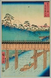  Utagawa Hiroshige Japanese Woodblock Prints (3)  Utagawa Hiroshige (Japan, 1797-1858) original prints. The 3 Japanese woodblock oban print titles are: Ochanomizu in the Easter Capital, Sagami River, and Mt. Fuji with Fisherman. Good condition. From the original 1858 series of 36 views of Mt. Fuji, printed 1920. Images measure 14.4 inches high x 9.8 inches wide. Frames measure 17.2 inches high x 12.7 inches wide.