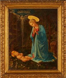 Madonna and Child European School 19C Oil Painting     Madonna and Child European School 19th century oil painting. Continental 19th century religious painting very well executed by a highly skilled artist. The hem of the luminous Madonna figures robe appears to be stylized Cyrillic script. It may very well be an artist's signature. Oil on wood panel. Good condition, four thumbprint-size touch ups and light touch up around frame edge. Painting measures 31.8 inches high x 25.3 inches wide. Gilt frame measures 41 inches high x 34 inches wide.