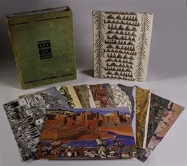 Jacques Majorelle France Les Kasbahs De l'Atlas Portfolio  Book                                                                                  Majorelle, Jacques – Les Kasbahs De l'Atlas – Artist Book Jacques Majorelle (Nancy, France 1886-1962 Paris, France). The Kasbah of the Atlas, Lucien Vogel at Meynial Jules, Paris 1930. Portfolio Kasbahs Atlas album contains thirty beautiful boards of paintings and drawings that French artist Jacques Majorelle produced between 1920 and 1929. Measures approximately 15 3/8" x 11 3/4". Numbered 1 to 30, the boards offer an imaginary walk through the Atlas mountain region of Morocco. The set is exceptional for its unity and its history. Majorelle chose his favorite works, which depict the beautiful panoramic landscape Kasbahs scenery of the High Atlas, but also some Moroccan figures that Majorelle met during his trip. The thirty plates in four colors accented with gold and silver are mounted on card stock board with silver slice edge. The rare Fren