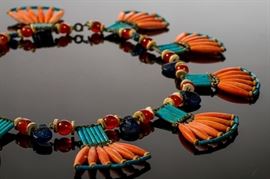 Ancient Egyptian 1850 B.C. Coral Fan Bead Necklace  Antique Egyptian coral and hardstone fan necklace. The necklace was created from various beads discovered in different regions of Egypt that date from 1850 B.C to 1200 A.D. The unusually rare necklace was made and retailed by the NASSAR BROS. Antiquities in Cairo, Egypt, circa 1930-50. The original box with Nassar Bros. information is included. In good condition. Has an inside measurement of 15 inches. The turquoise and coral fan shaped beads measure 1.8 inches long. Illicit products made from wildlife are not available for delivery within the United States to states which prohibit same or for international delivery without CITES and other permits which are the responsibility of the buyer.