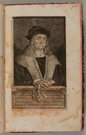 Rare 16C Book Albrecht Durer and 101 Early Prints    Rare one-of-a-kind portfolio book collection of early 16th and 17th century original prints collected by Leonhart Wurfbain (1581-1654) a German scholar. The early portfolio manuscript consists of a total of 101 early engravings, etchings, woodcut and pen and ink portraits depicting important European scholars, historians, doctors of medicine, scientists, men of letters and religion. The early prints are either tipped in on a page or the full printed plate has been bound into a portfolio book collection assembled presumably for Leonard Wurfbain. Two of the 16th century engravings are by Albrecht Durer and include a portrait of Oelhafen of Schollenbach (1466-1538). Title: - Sixtus Oelhafen of Schöllenbach (lawyer, around 1466-1539) after the portrait by Hans Schäufelein, workshop Albrecht Dürer. It is one of the many portraits made by a later engraver, in this case I. A (lexander) Boner with the Dürer monogram AD. The other Durer engra