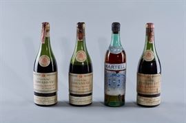 Very Old Martell 3 Denis Mounie Edward VII Cognac     Collection of vintage 1920's or 30's sealed French cognac. One bottle of Martell 3 Star Very Old Pale J & E Martell Cognac. Three bottles of Denis -Mounie Cognac Edward VII. All four bottles are sealed.  