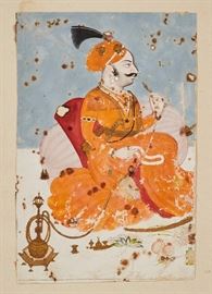 Mughal Indian Miniature Classical Antique Painting       Mughal Indian miniature classical antique painting from the 19th century or earlier. Indian Gouache watercolor based pigment or tempera on paper. Painting depicts a jewled Indian Mughal smoking a hookah pipe. Unsigned. Abraded surface with scattered brown spots apparently from old wood burn. Image measures 6.5 inches high x 4.3 inches wide. Gilt frame measures 13.3 inches high x 10.3 inches wide.