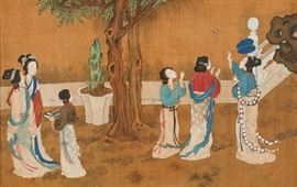 Pair of Chinese 19C Painting Silk of Students Landscape  Pair of Chinese 19th century on silk painting of students in landscape with pine and bamboo. The unsigned painting is in good condition, it was not inspected out of the frame. Images measure 12.5 inches high x 21 inches wide. Bamboo style frames and mat measure 19 inches high x 28 inches wide.