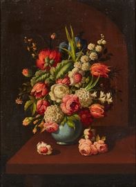 Continental School Floral Still Life Oil Painting                  Continental School 19th century oil painting possibly Spanish, Italian, Flemish or Dutch. Classic still life depicts a Chinese blue glazed vase overflowing with tulips, hydrangea, iris and roses. Unsigned. Oil on canvas. Good condition, old reline with scattered inpainting primarily in background and not in flowers. Stretcher inscribed with C. Monguluzzo and 398 ARO Viejo. From waterfront Long Island, New York estate. Painting measures 32 inches high x 23.5 inches wide. Frame measures 38 inches high x 29.8 inches wide.