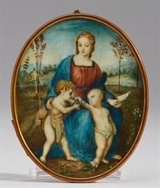Italian 19C Miniature Painting of Raphael Madonna      Italian 19th century miniature painting of Raphael's 16th century painting in the Uffizi of - Madonna of the Goldfinch. The finely executed tempera or water based colour antique painting is clearly the work of a highly skilled artist. Inscribed in pencil on the paper back: Raphael Madonna done by Nimes Gardelli. Good condition, 1.5 inch hairline crack on upper left side. Measures 3.7 inches high x 3 inches wide.