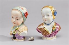 Pair of German Meissen 19C Porcelain Kinder Busts     	
The pair of 19th century Meissen German porcelain figures are elaborately hand decorated with intricate floral motifs on the gilt trim bonnets. Fine detailed hand painting of each strand of hair. Aside from the feathered plumes partially missing, some chips on fine delicate porcelain flower petals, the porcelain figures are in good condition. One figure is signed on the undersigned with Meissen crossed swords in blue and impressed numbers. The other is signed on the underside with an unidentified blue glazed crown and letter mark. Both measure approximately 6 inches high.