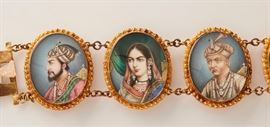 Shah Jahan Miniature 18K Gold Indian Portrait Bracelet Indian 18 karat yellow gold Shah Jahan miniature portrait bracelet. The bracelet has six finely hand painted oval portraits of Indian royalty including Shah Jahan the builder of the Taj Mahal and his wife Mumtaz Mahal from the 17th century. The Indian school portraits are painted on ivory and framed in 18 karat yellow gold, circa 1890. Each miniature portrait measures 1 - 5/16 inches x 1 - 1/16 inches. The bracelet measures 7 1/2 inches long. The bracelet is unmarked but is tested and guaranteed to be 18K. In excellent condition with no damage or repair. Weighs 34.2 dwt. Illicit products made from wildlife are not available for delivery within the United States to states which prohibit same or for international delivery without CITES and other permits which are the responsibility of the buyer.