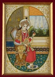  Pair Indian Royalty Jeweled Portrait Paintings on Ivory  Indian royalty jeweled portrait paintings on ivory. Portraits on ivory of Mughal Emperor Muhammad Shah Jahan and his wife Mumtaz Mahal (for whom the Taj Mahal was built in Agra). The paintings are incredibly finely detailed with gilt decoration and the figure's clothing is jeweled. The background has a view of the Taj Mahal. Unsigned. In great condition. Mid 20th century. Each painting measures 6 inches high x 4 inches wide. Framed together, measuring 10 inches high x 14 inches wide. Illicit products made from wildlife are not available for delivery within the United States to states which prohibit same or for international delivery without CITES and other permits which are the responsibility of the buyer.