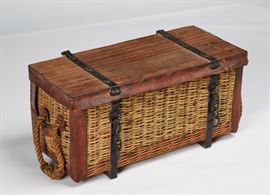  English WWI Wicker Leather Military Dental Chest      English World War I wicker military dental field chest. The all original chest is painted on the front with a Red Cross and reads FB. Dental Outfit. The chest is fitted with iron straps and hanging chains with adjustable latches that can be fitted with locks. The chest is made of woven wicker and covered in green painted canvas with stitched leather trim and a wooden lift-top lid with locking brace. Maker's mark reads, Scott & Sons Ltd. Makers London. Has braided rope handles. Good condition. Measures 15 inches high x 30 inches wide x 14.5 inches deep.