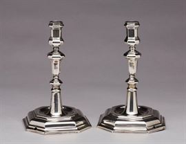 Pair of 18th Century English Sterling Silver Candlesticks Pair of 18th century English sterling silver candlesticks. John Robbins, London, 1774. The candlesticks were drilled at the edge of the base and inside stem possibly to accommodate electrical fitting. Could easily be repaired by a silversmith. Otherwise in good condition. Weighs 595 grams or 19.1 troy ounces. Measures 7.6 inches high x 4.7 inches diameter. 