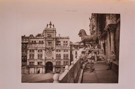 Ferdinand Ongania - Streets Canals Venice Folio Book   Ongania, Ferdinand - Streets and Canals of Venice Book. Ongania, Ferdinand. Streets and Canals in Venice and in the Island of the Lagoons. Elephant folio (21.8 inches high x 15.2 inches wide). Beautiful 19th century large folio volume of Venice with 100 large-format exhibition-size warm-tone photogravures, each rich sepia tone image measures 9 x 13 inches. Edited by Ferdinand Ongania (Italian, 1842-1911), and featuring luminous images of gondolas on sunlit canals, Piazza San Marco, Palazzo Ducal, the Grand Canal and much more. Binding slightly worn; plates fresh and clean with only light marginal foxing. Venice, Italy. Ferd. Ongania, 1895-96.