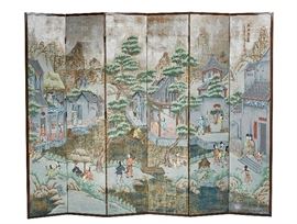 Old Signed Chinese 6-Panel Painted Folding Screen    Old signed Chinese six panel painted folding screen. Signed upper right. Folding screen is comprised of paintings on shimmering silver panels. Each painting depicts scenes of everyday life within a traditional Chinese village. Good condition with light wear from normal use. Paper backing is also in good condition. Measures 84 inches high x 106 inches wide.