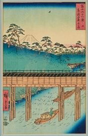 Utagawa Hiroshige Japanese Woodblock Prints (3)      Utagawa Hiroshige (Japan, 1797-1858) original prints. The 3 Japanese woodblock oban print titles are: Ochanomizu in the Easter Capital, Sagami River, and Mt. Fuji with Fisherman. Good condition. From the original 1858 series of 36 views of Mt. Fuji, printed 1920. Images measure 14.4 inches high x 9.8 inches wide. Frames measure 17.2 inches high x 12.7 inches wide.