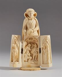 Mary Queen of Scots Carved Antique Ivory Triptych    Mary Queen of Scots carved antique ivory triptych. The early 19th century carving is carved in full round with deep folds and finely carved embroidered features including lace. The lower section opens to reveal attendants being knighted. Triptychs of this type depicting a wide range of noteworthy individuals from history as well as subjects drawn from religious sources were produced from at least the mid-19th century. A triptych figure depicting a queen was shown at the Paris Exposition of 1855 (height 21 cm) and is illustrated in Elfenbeinkuste, by P.W. Hartmann, 1998-99, Vienna, p. 197, executed by ivory carver Perrin. Undamaged, in good condition. The hinges have appropriate oxidation. Measures 7.5 inches high. When opened it measures 5 inches wide. Illicit products made from wildlife are not available for delivery within the United States to states which prohibit same or for international delivery without CITES and other permits 