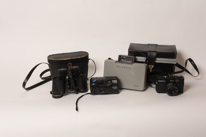 Vintage Polaroid Camera, Vivitar PS80,  Sans and Streiffe 7x35 Binoculars
