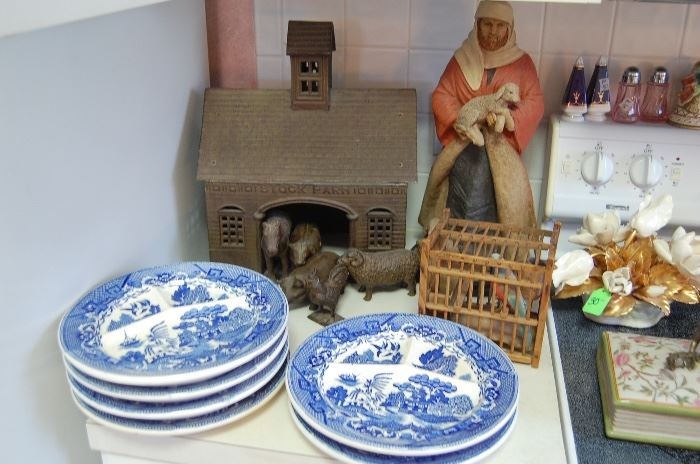 Cast Iron Farm Set, Blue Willow divided Plates, Mine Canary Cage