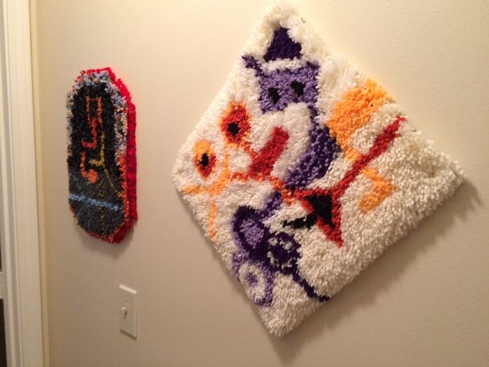 Hook rug wall hangings made by owner without patterns. Original