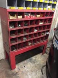 Metal 40 Bin Red Cabinet on Stand w/ Assorted Hardware.
