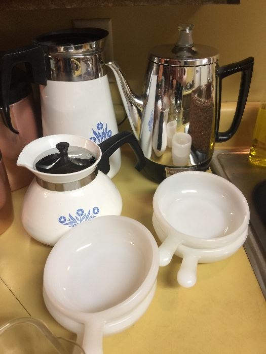 Percolator and Corning ware teapot and coffee pot (coffee pot missing the lid)