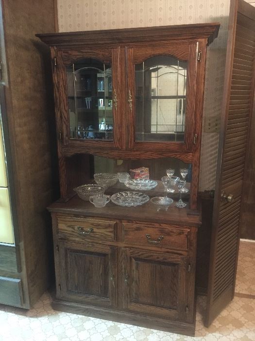 Oak China Hutch with leaded glass doors