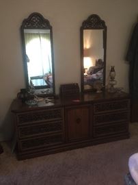 Mid Century dresser with 2 mirrors, matching nightstand and queen bed with mattress 