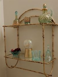 NICE METAL BAMBOO SHELF WITH INTERESTING TURQUOISE GLASS PIECES