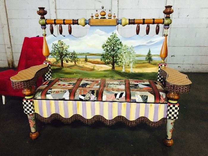 Mackenzie-Childs hand made, hand painted settee featuring a patch quilt design seat