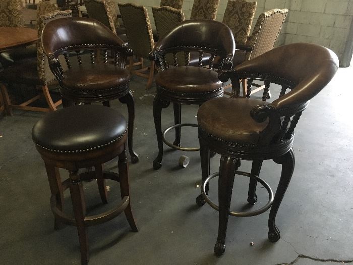 Maitland Smith bar stools, featuring padded leather backs and seats...VERY GOOD CONDITION!